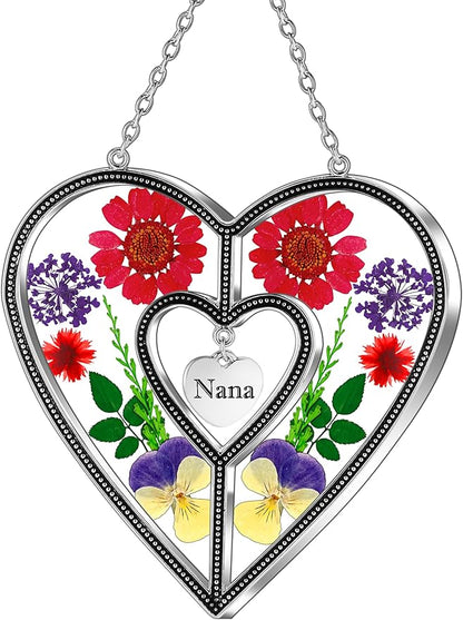 KY&BOSAM Nana Heart Suncatcher Stained Glass Panel Suncatchers for Windows Hangings Ornament Wind Chimes Pressed Flower Embedded in Glass and Heart Charm Birthday Gifts for Nana Mothers Day Home Decor