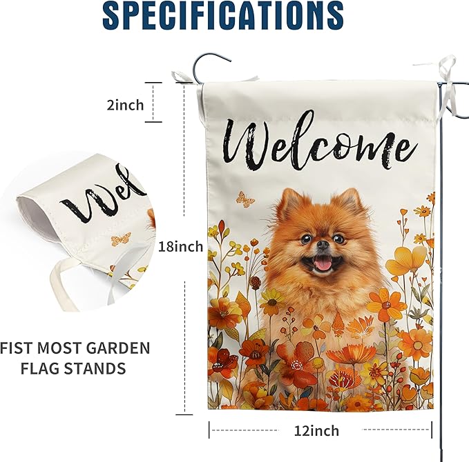 Pomeranian Fall Garden Flag Autumn Dog Yard Sign Orange Floral Thanksgiving Outdoor Banners for Outside 12x18 Double Sided Small Wild Flower Lawn Decorations