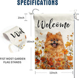Pomeranian Fall Garden Flag Autumn Dog Yard Sign Orange Floral Thanksgiving Outdoor Banners for Outside 12x18 Double Sided Small Wild Flower Lawn Decorations