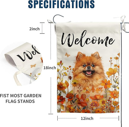 Pomeranian Fall Garden Flag Autumn Dog Yard Sign Orange Floral Thanksgiving Outdoor Banners for Outside 12x18 Double Sided Small Wild Flower Lawn Decorations