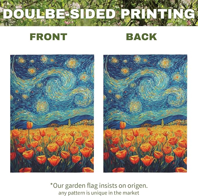 Spring Tulip Garden Flag Summer Van Gogh Starry Night Yard Flags Vibrant Orange Tulips Art Print Seasonal Welcome House Banners for Outdoor Porch Lawn Patio Landscape Decor 12×18 Inch