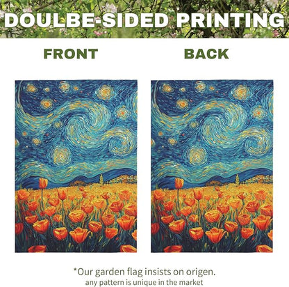 Spring Tulip Garden Flag Summer Van Gogh Starry Night Yard Flags Vibrant Orange Tulips Art Print Seasonal Welcome House Banners for Outdoor Porch Lawn Patio Landscape Decor 12×18 Inch