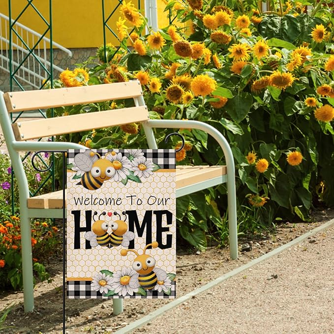 Furiaz Welcome to Our Home Bumble Bee Spring Summer Decorative Garden Flag, Daisy Yard Buffalo Plaid Check Home Outside Decorations, Flower Farmhouse Burlap Outdoor Small Decor Double Sided 12×18