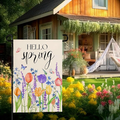 Hello Spring Garden Flags Tulip Lavender Yard Flag Butterflies Floral Seasonal Garden Flags Welcome Spring Flowers Rustic Home Banner for Outdoor House Summer Decoration
