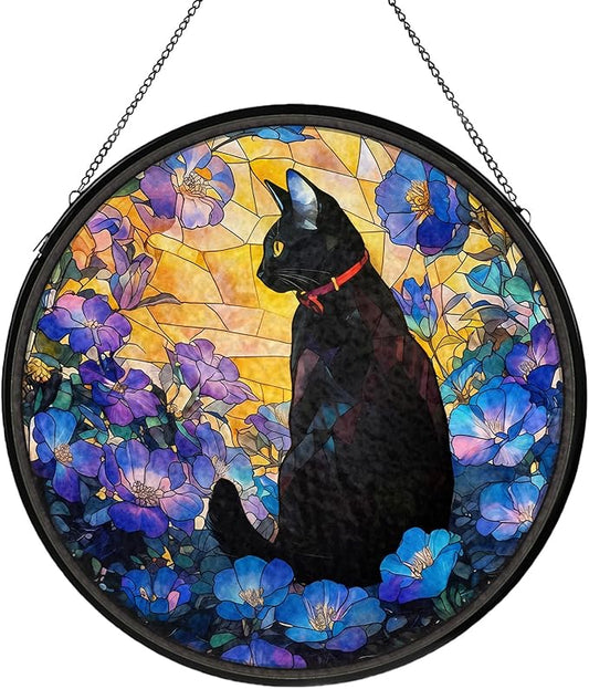 Cat Stained Glass Window Hanging, Flower Suncatcher Diamond Glass Panel Hangings, Sun Catchers Indoor Windows Wall Art, Gifts for Cat Lovers, Christmas Decor for Home Garden Office 7.87 inches