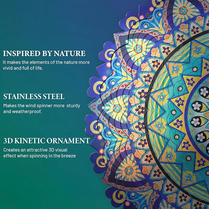 Mandala Wind Spinners Outdoor, IDEA SHOW Stainless Steel Wind Spinners Outside, 3D Kinetic Hanging Sculpture, Rustproof Metal Garden Decor Ornaments for Yard Art, Women, Men, Holidays