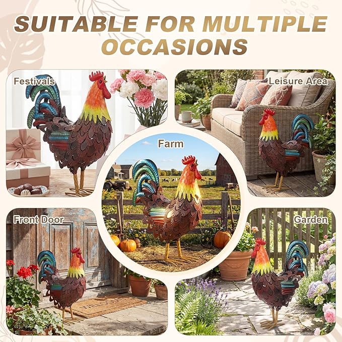 Zhengmy Metal Rooster Garden Statue Lifelike Colorful Metal Rooster Yard Decor Hand-Painted Iron Chicken Sculpture for Patio Lawn Backyard Farmhouse Outdoor Indoor Decoration(Reddish Brown)