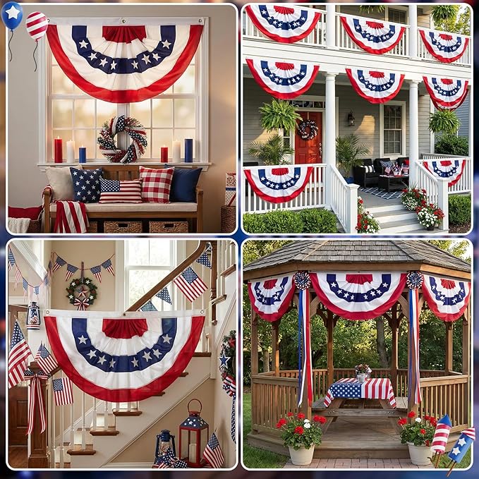 6 x 3 Ft 4th of July Decorations Big American Pleated Fan Flag, 3 Pcs Patriotic Decorations American Flag Bunting, Red White and Blue Half Fan Banner Bunting Flags Outdoor Indoor for Memorial Day Decor