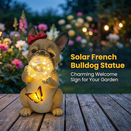 Solar Garden Dog Statue, French Bulldog Garden Statue with LED Bubble and Butterfly, Detachable Outdoor Decorative Stake, Waterproof Yard Decor for Patio, Lawn, Porch, Holiday and Birthday Gifts