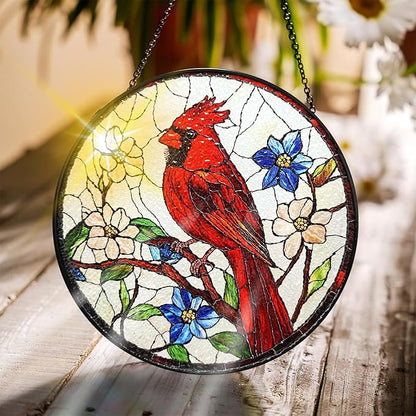 Bimkole Red Bird Stained Glass Suncatcher Window Hanging - Flowers Design for Indoor Window or Doorway Decoration - 7.87x7.87 inch with Chain and Hook - Unique Home Decor Gift