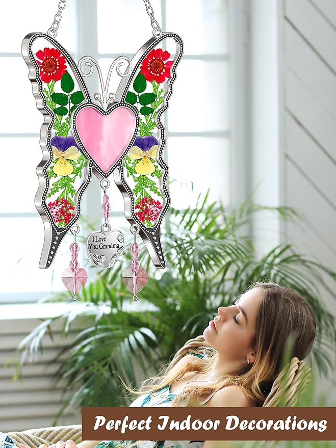 KY&BOSAM Heart Butterfly Suncatcher I Love You Grandma Stained Glass Panels Pink Heart for Windows Wind Chimes Metal Engraved Charm Gifts for Grandma Mothers Day Valentine's Birthday Christmas