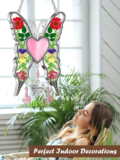 KY&BOSAM Heart Butterfly Suncatcher I Love You Grandma Stained Glass Panels Pink Heart for Windows Wind Chimes Metal Engraved Charm Gifts for Grandma Mothers Day Valentine's Birthday Christmas