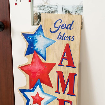 Glitzhome Patriotic Porch Sign, 4th of July Independence Day Welcome Sign with Timer, Memorial Day 42"H Farmhouse Wooden "AMERICA" Porch Decor Hanging Sign Front Door Porch, Standing Home Decor