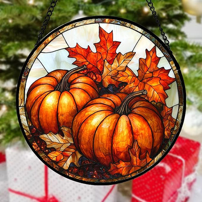 DASTOLL Stained Glass Window Hanging, Pumpkin Maple Leaf Suncatcher for Doors Home Sun Catchers Decoration and Christmas, Mother's Day Birthday Gifts for Women, Men, and Mom 15x15 in