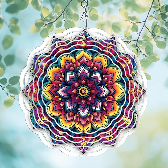 Wind Spinners Outdoor, Hanging Wind Spinner for Garden Decoration, 8 inch 3D Stainless Steel Metal Wind Sculpture for Indoor/Outdoor Decor, Mandala Lucky Star