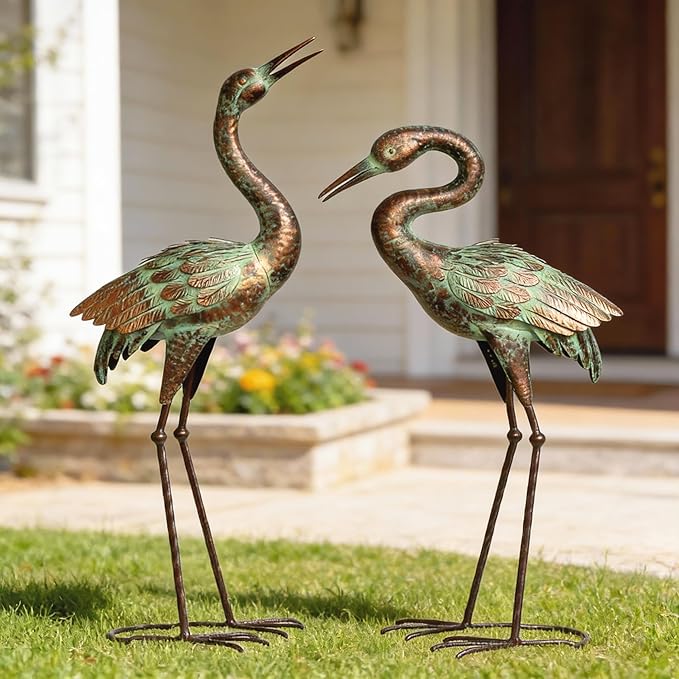 Shorayn Garden Crane Statues, Blue Heron Sculptures for Outdoor, Cranes Decor Metal Bird, Patina Garden Art Lawn Ornaments for Yard Patio Porch Outside Decorations
