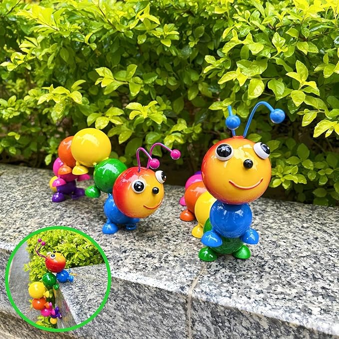 Metal Caterpillar Statue Indoor Outdoor Vivid Yard Art Garden Decor for Outside Patio Lawn Ornaments Fence Decorations Gift for Family Friends Garden Lovers 2 Pack(Color & Curved)