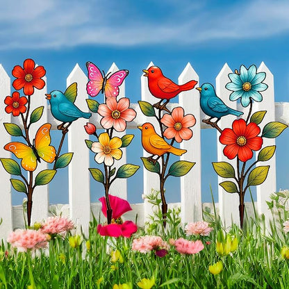 4 Pack Garden Decor for Outside Metal Flowers Garden Stakes Spring Decor 15'' Decorative Colorful Flowers Birds Butterfly Yard Art Rust Proof Plant Sticks for Yard Lawn Pathway Patio Outside