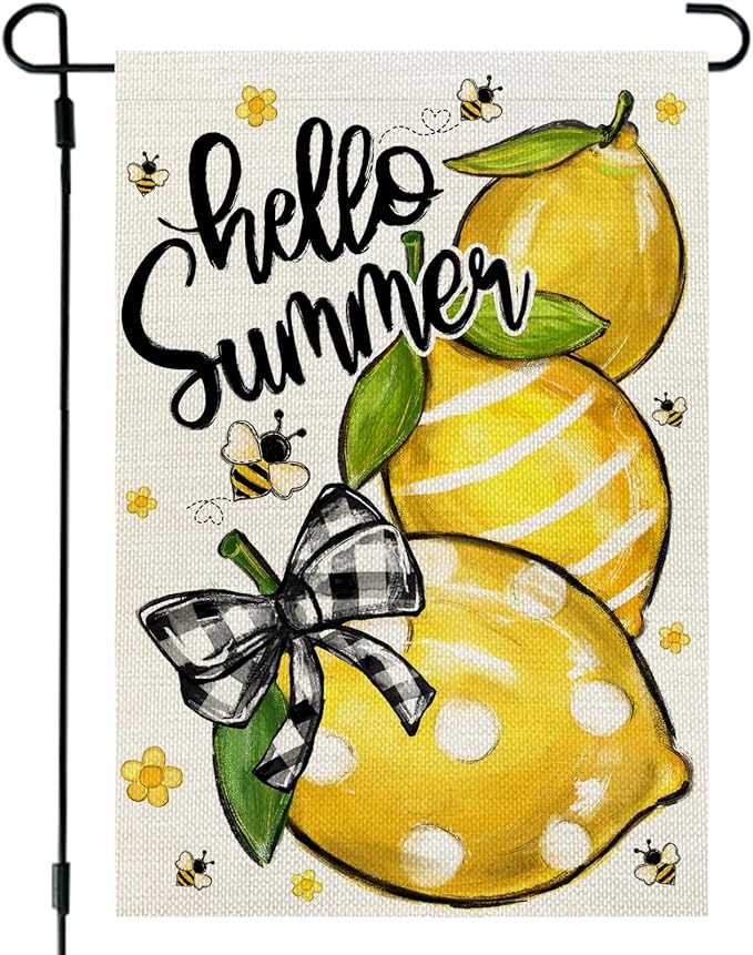 CROWNED BEAUTY Hello Summer Garden Flag Lemons 12x18 Inch Double Sided Small Yellow Floral Seasonal Holiday Decoration for Outside Yard