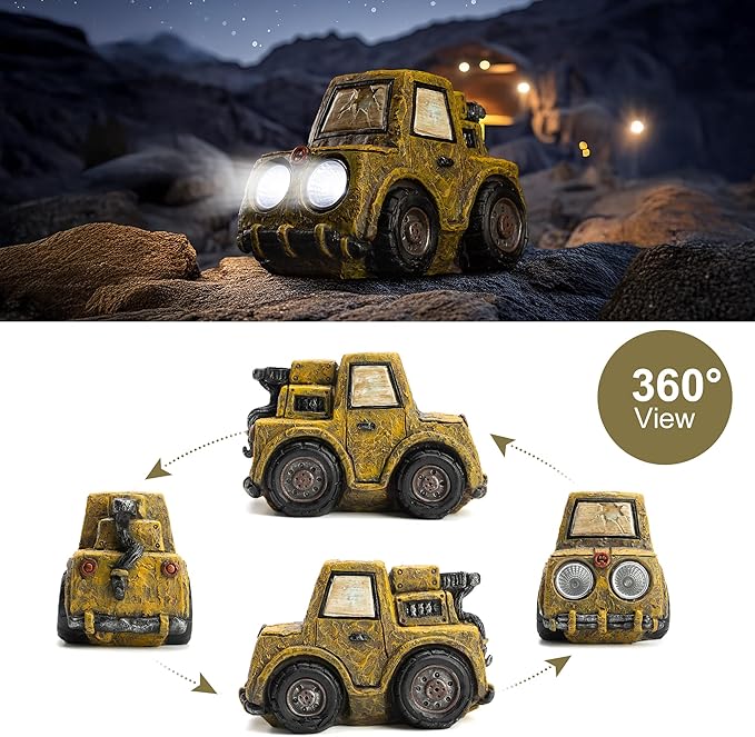 Etlemonde Garden Statue Outdoor Solar Car Decor with LED Light Vintage Resin Sculpture Truck Rustic Decoration for Lawn Patio Yard Gifts for Women