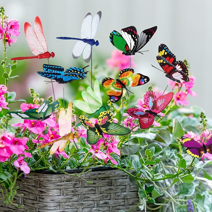48 Pcs 3D Dragonfly Butterfly Garden Decor Dragon Fly Butterfly Garden Stakes with Sticks Colorful Butterflies Dragonflies Yard Art Ornaments for Indoor Outdoor Planter Pot Pathway Patio Decoration