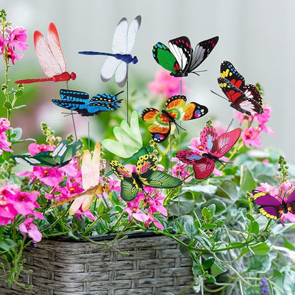 48 Pcs 3D Dragonfly Butterfly Garden Decor Dragon Fly Butterfly Garden Stakes with Sticks Colorful Butterflies Dragonflies Yard Art Ornaments for Indoor Outdoor Planter Pot Pathway Patio Decoration