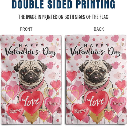 Pug Valentine Garden Flag Valentines Day Flags for Outside 12x18 Double Sided Small Yard Flags Dog Valentine's Day Decor Outdoor Lawn Valentines Banner