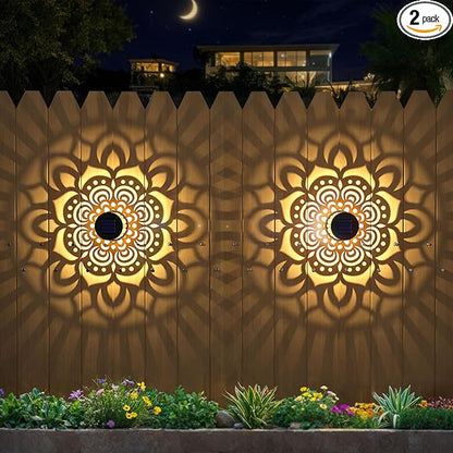 Solar Fence Lights 2 Pack Outdoor Deck Step Wall Lights Metal Waterproof LED Warm Yellow Light for Garden Post Patio Backyard Yard Decor (Mandala-1, 2)