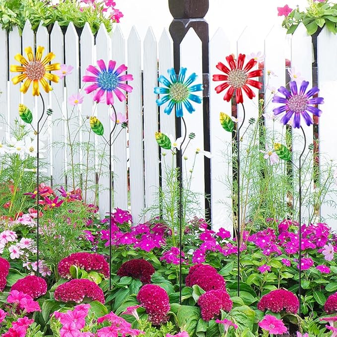 Metal Flower Garden Stakes Yard Art,5 Pcs Colorful Flower Bed Decor Yard Stakes for Outside with Beads for Outdoor Lawn Porch Pathway Patio