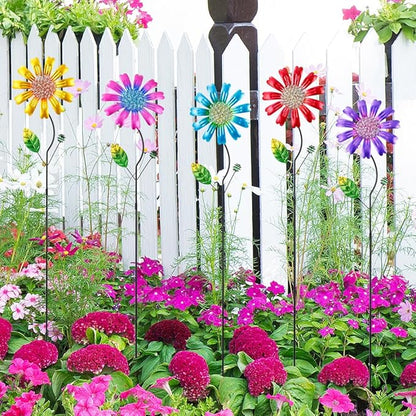 Metal Flower Garden Stakes Yard Art,5 Pcs Colorful Flower Bed Decor Yard Stakes for Outside with Beads for Outdoor Lawn Porch Pathway Patio