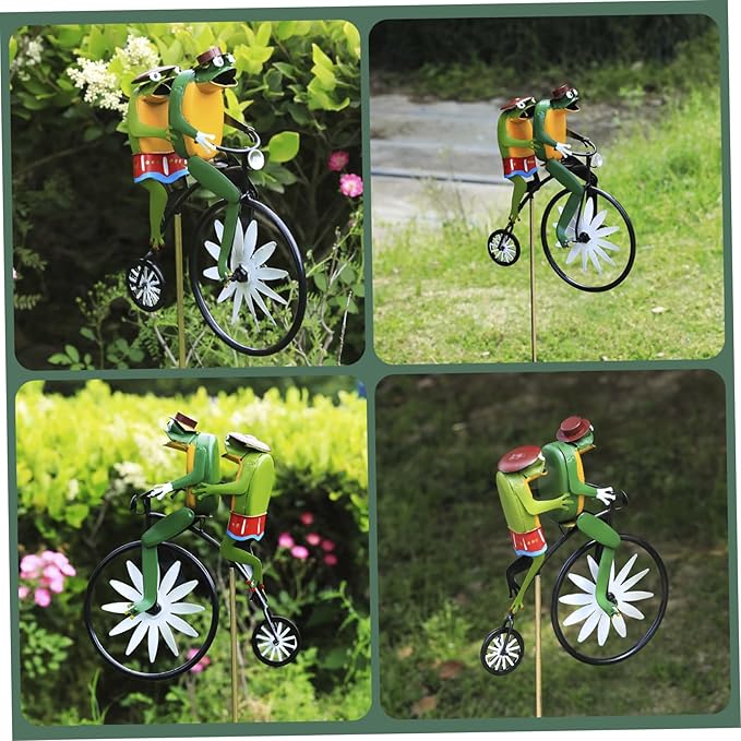 Wind Spinners for Garden, Vintage Metal Wind Spinner Frogs on a Bike Windmill Garden Ornament 3D Animal on Bike Sculptures for Yard Lawn Decor