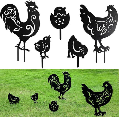 Chicken Metal Yard Art Animals Stakes,5PCS Outdoor Large Black Chickens Family Silhouette Country Garden Sculpture Set,Rooster Mother Hen and Chicks