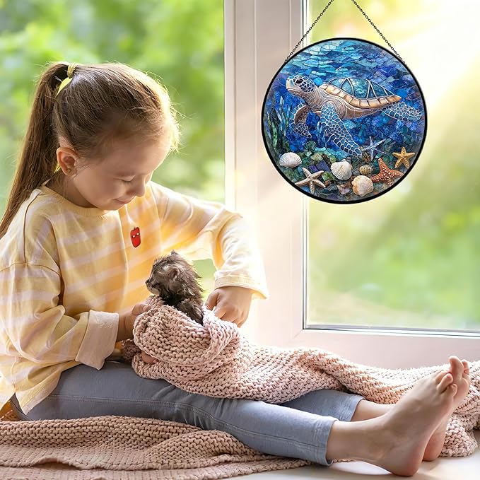 Sea Turtle Suncatcher Decor - Sea Turtles Gifts for Women - Turtles Stained Glass Window Hanging for Turtle Lovers - Blue Sea Glass Wall Art Home Decor Outdoor Garden for Women, Moms, Beach Lovers