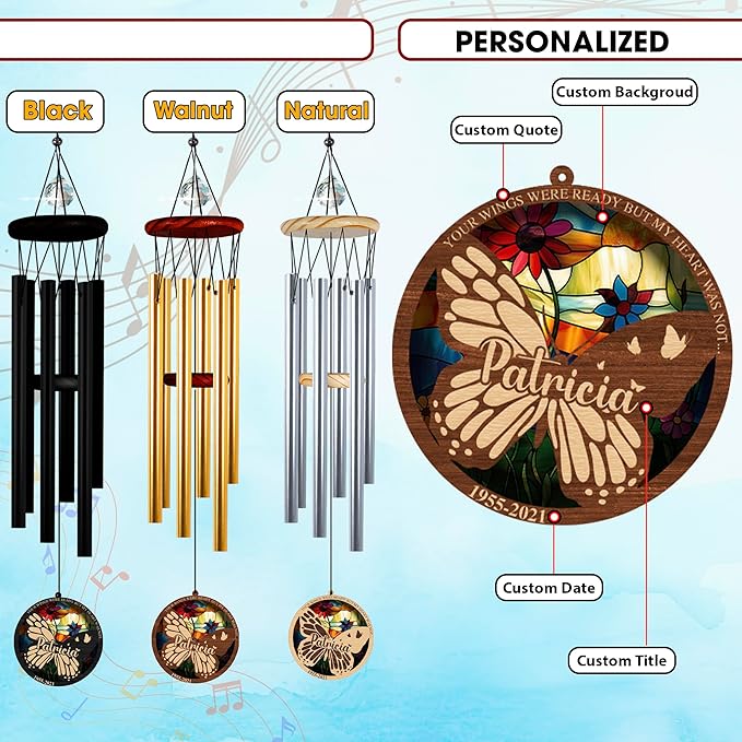Personalized Butterfly Wind Chimes for Outside, Custom Crystal Your Wings were Ready But My Heart was Not Ornament, Sympathy Gifts for Loss of Loved One, Memorial Windchimes for Garden Décor