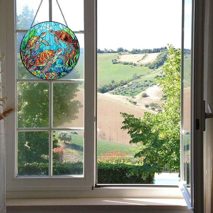 Sea Turtle Stained Glass SunCatcher Window Hanging Sea Turtle Gifts for Women Handmade Sun Catcher Decoration for Home Decor Gifts for Ocean Lover Sea Life Decor 7.87inch