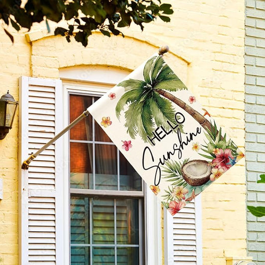 AVOIN colorlife Summer Tropical Palm Tree House Flag 28x40 Inch Double Sided Outside, Hello Sunshine Seasonal Burlap Yard Outdoor Decoration