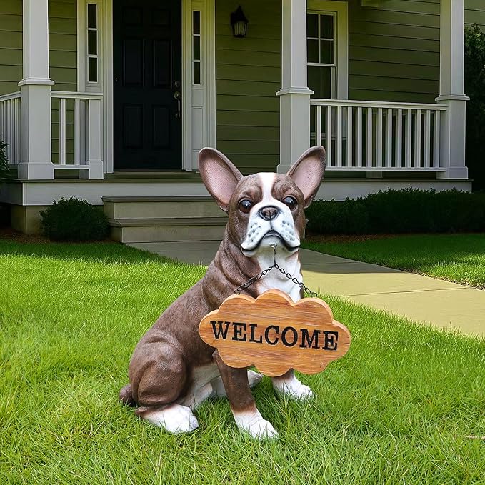 Sophisticated Brown & White Boston Terrier Dog Sculpture with Solar Lantern & Double-Sided 'On Patrol' and 'Welcome' Signposts – Premium Resin Statue for Upscale Garden, Yard, and Patio Décor