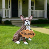 Sophisticated Brown & White Boston Terrier Dog Sculpture with Solar Lantern & Double-Sided 'On Patrol' and 'Welcome' Signposts – Premium Resin Statue for Upscale Garden, Yard, and Patio Décor