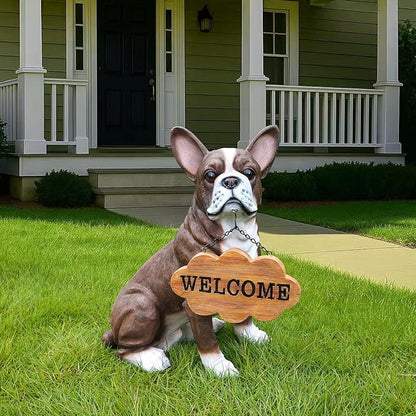 Sophisticated Brown & White Boston Terrier Dog Sculpture with Solar Lantern & Double-Sided 'On Patrol' and 'Welcome' Signposts – Premium Resin Statue for Upscale Garden, Yard, and Patio Décor