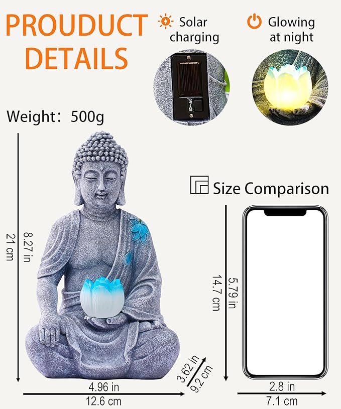 Nacome Solar Buddha Garden Statue Decor: Resin Zen Decor Waterproof Sitting Figurine with Lotus Flower Light Design for Outside Patio Lawn Yard Balcony - 8.3 inches(Grey)