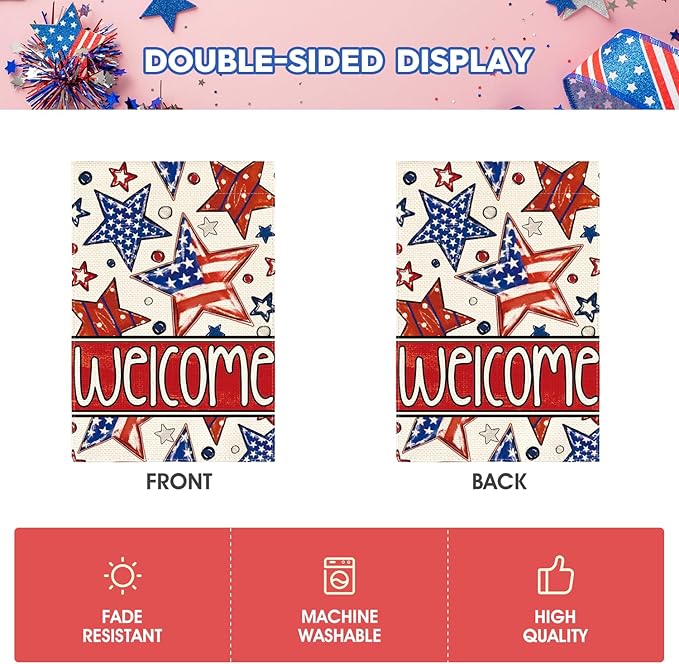 AVOIN colorlife Patriotic 4th of July Garden Flag 12x18 Inch Double Sided Outside, Welcome American Stars and Stripes Yard Outdoor Decoration