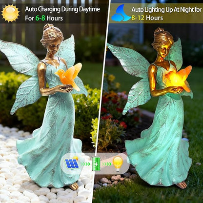 Solar Fairy Garden Statue Decor - 10 Inch Angel Girls Resin Figurine Waterproof Home Decoration with Hummingbird LED Lights for Bedroom Balcony Table Yard Patio, Gifts for Women Mom Grandma Birthday