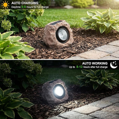 Solar Rock Lights Outdoor – 2 Pack Waterproof LED Landscape Garden Spotlights, Realistic Stone Design, Wireless Solar Powered Pathway Lights for Yard, Walkway, Patio & Lawn Decoration (Auto On/Off)