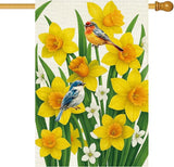 Baccessor Spring Summer Daffodils House Flag 28 x 40 Inch Double Sided Burlap Bluebirds Yellow Flower Green Leaf Farmhouse Large Yard Flag Summer Holiday Seasonal Outdoor Outside Decoration