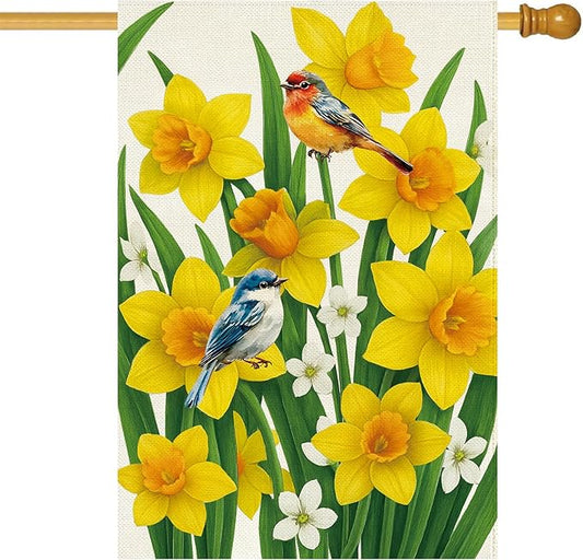 Baccessor Spring Summer Daffodils House Flag 28 x 40 Inch Double Sided Burlap Bluebirds Yellow Flower Green Leaf Farmhouse Large Yard Flag Summer Holiday Seasonal Outdoor Outside Decoration
