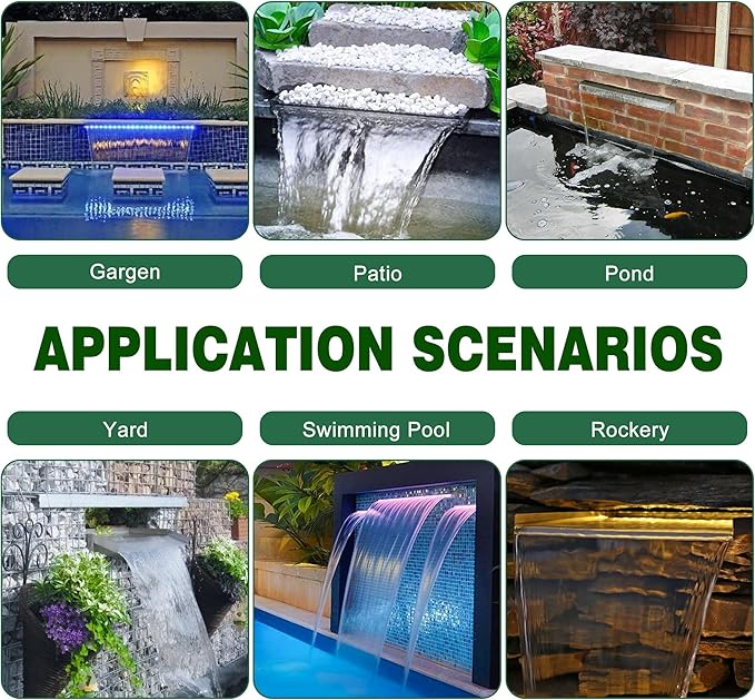 Pool Fountain, LONGRUN Waterfall Spillway for Koi Ponds - 23.6" Transparent Acrylic Waterfall with APP Control & Multi-Color LED Lights for Swimming Pool, Garden Pond, Patios, Spa Decoration