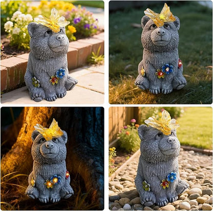 Solar Baby Bear Garden Statue with Butterfly Light - Cute Bear Cub Figurine Decor with Flower Accents - Outdoor Decor for Patio Lawn - Christmas Housewarming Birthday Gifts for Grandma Mom Women