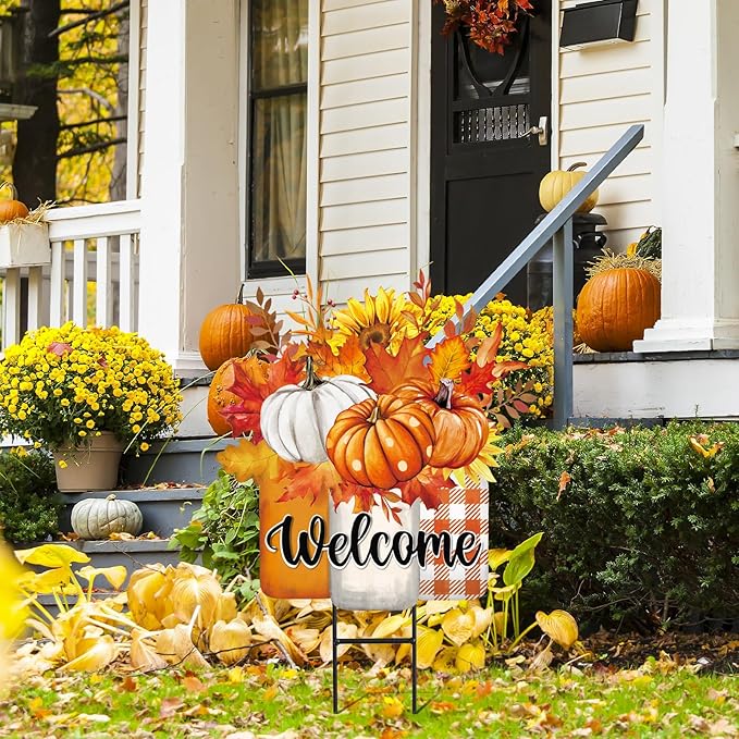 JarThenaAMCS Thanksgiving Pumpkin Metal Garden Stakes Autumn Sunflower Pumpkin Vase Decorative Lawn Sign Fall Welcome Yard Sign for Home Outside Lawn Porch Decor