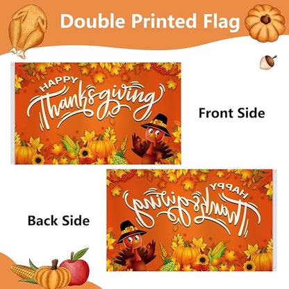 Thanksgiving Flag 3x5 Ft Happy Thanksgiving Decorations Orange Turkey Pumpkins Sunflower Leaf Backdrop Hanging Outdoor Flag Party Supplies for Indoor Outdoor Garden,Lawn,Yard,Balcony Decor