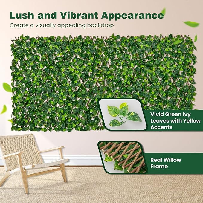 Giantex Expandable Fence Privacy Screen - Decorative Faux Green Ivy Fencing Panel for Balcony, Artificial Hedges with PE Leaves and Willow for Outdoors Garden Patio Deck Apartment, 1 Pack